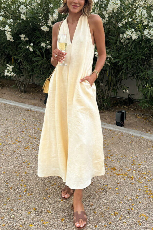 Robe midi A-line avec dos retourné, lin mélangé