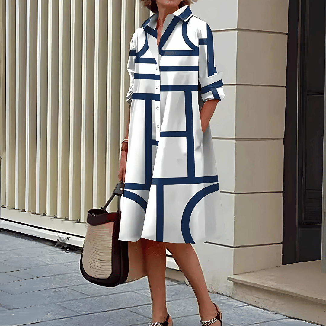 Inès – Robe Midi Femme à Col | Imprimé Géométrique Élégant