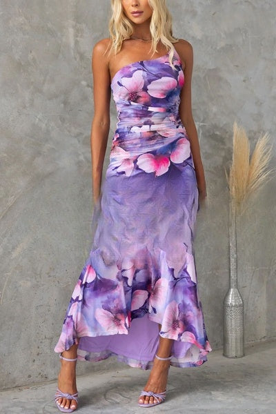 Nalani - Robe longue extensible à plis floraux avec superposition en maille Deja
