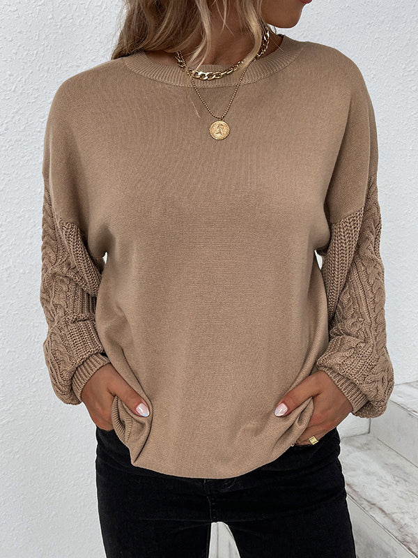 Pull à Col Rond en Tricot Torsadé à Manches Longues en Couleur Unie pour Femme