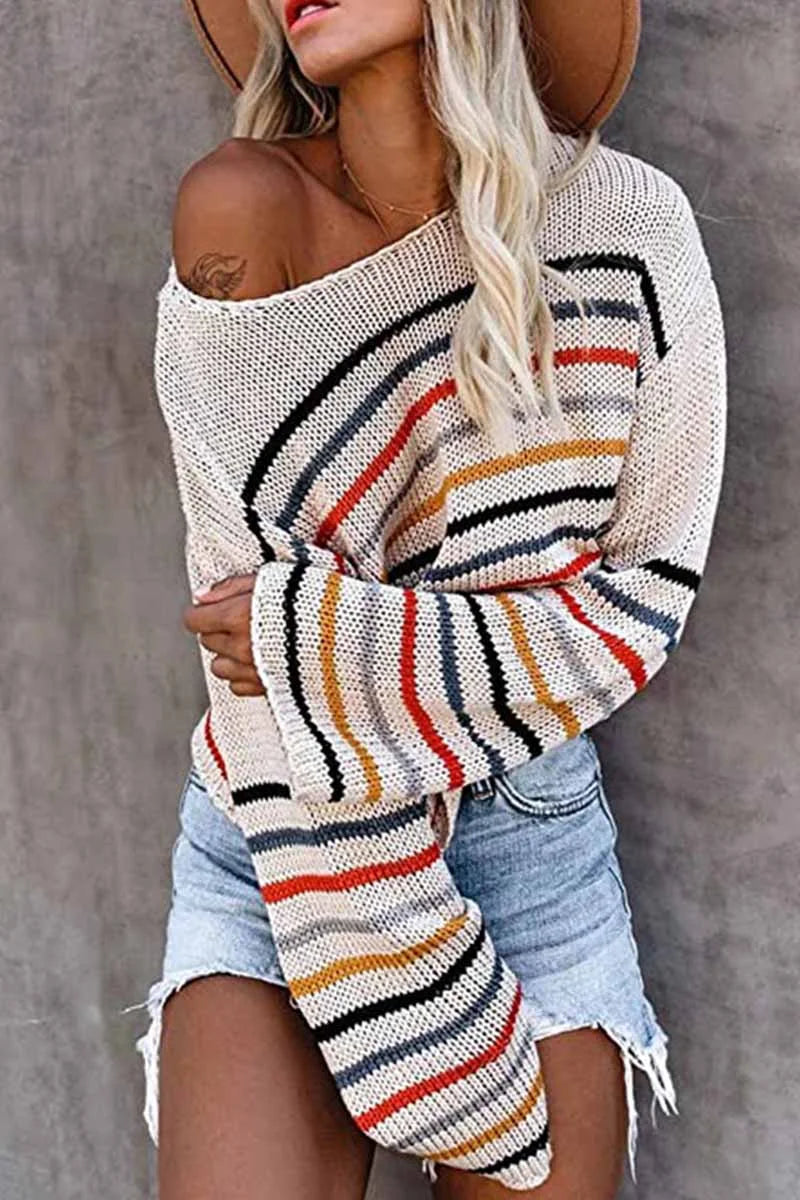 Pull élégant avec motif coloré et design épaules dénudées