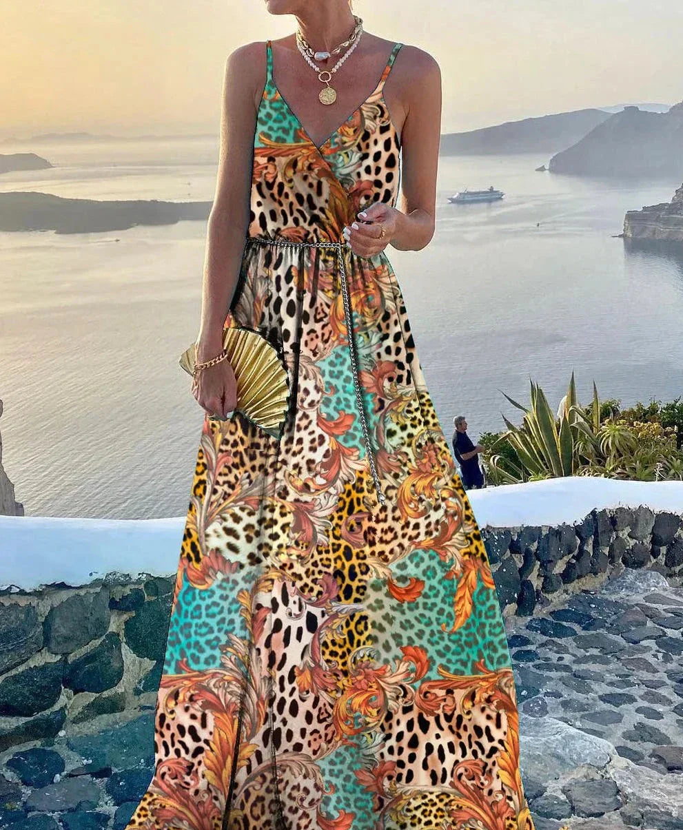 Robe longue colorée avec encolure boutonnée