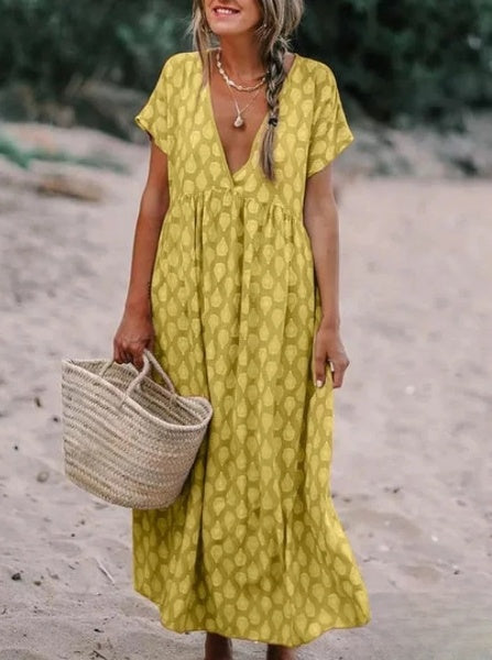 Alayna - Robe décontractée en tissu imprimé avec col en V et manches longues