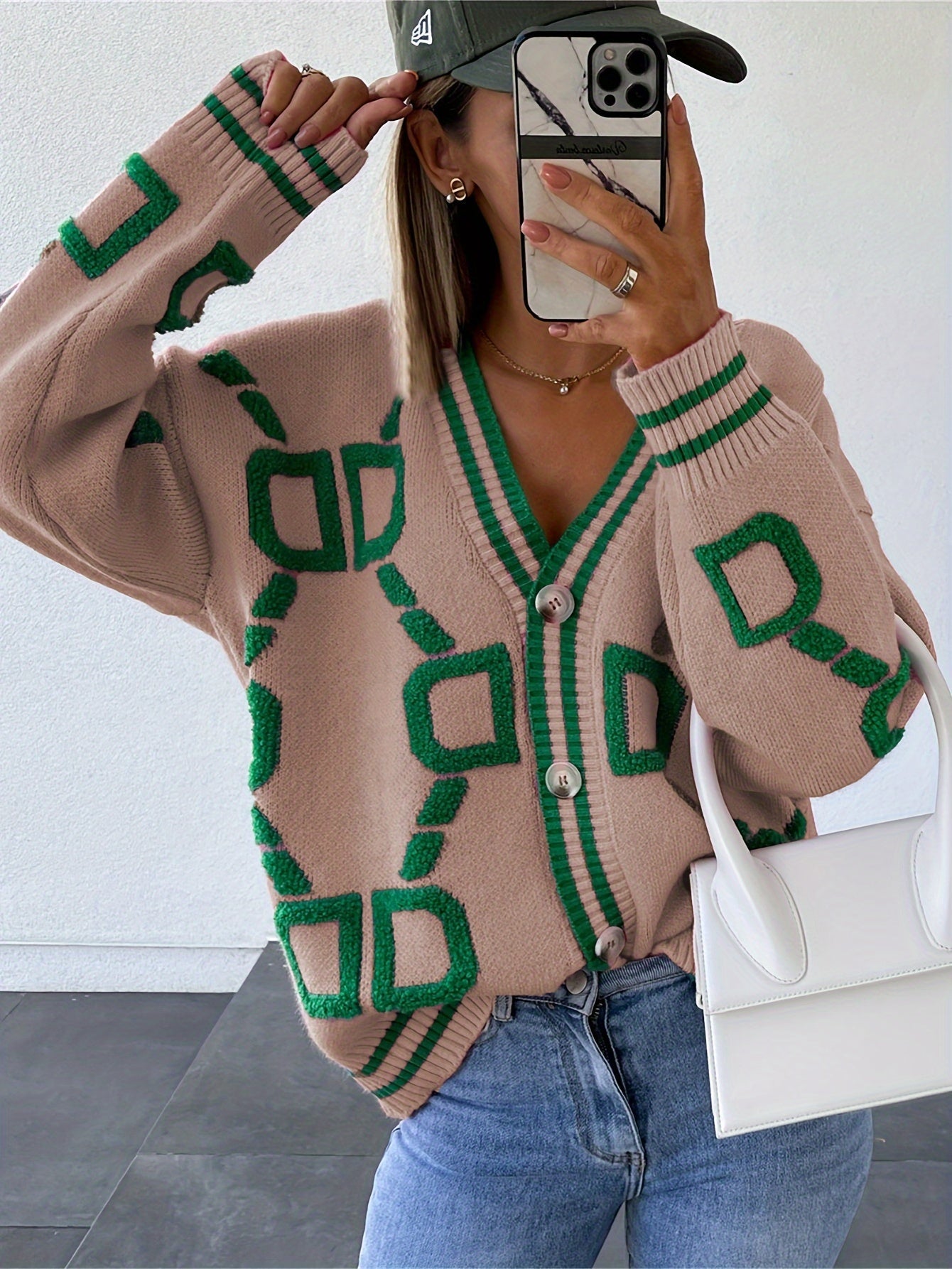 Cardigan tricoté avec Colour Blocks | Cardigan boutonné à col en V - Casual - Autumn & Winter, Women's Sweater