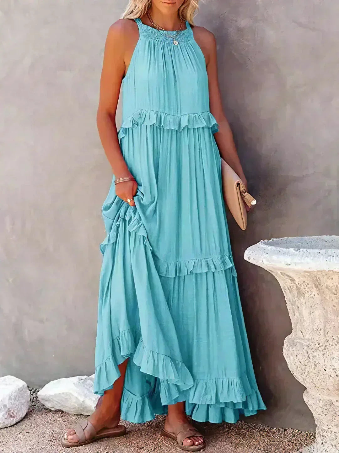 Robe maxi sans bretelles avec volants