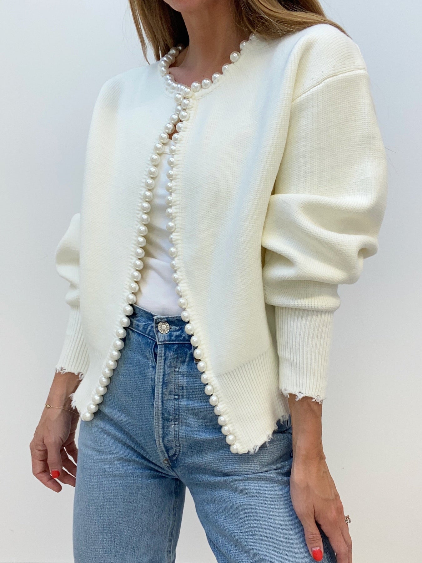 Pearl Trim | Torn Hem Cardigan Sweater Ladies