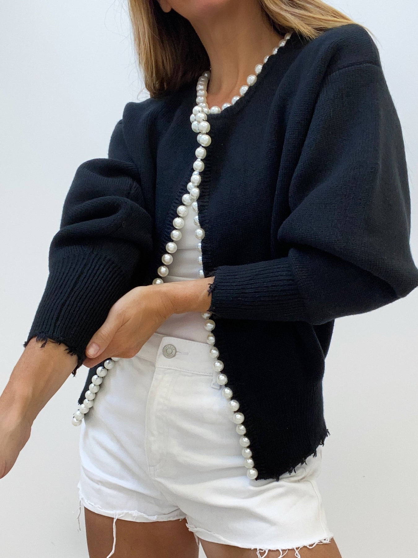 Pearl Trim | Torn Hem Cardigan Sweater Ladies