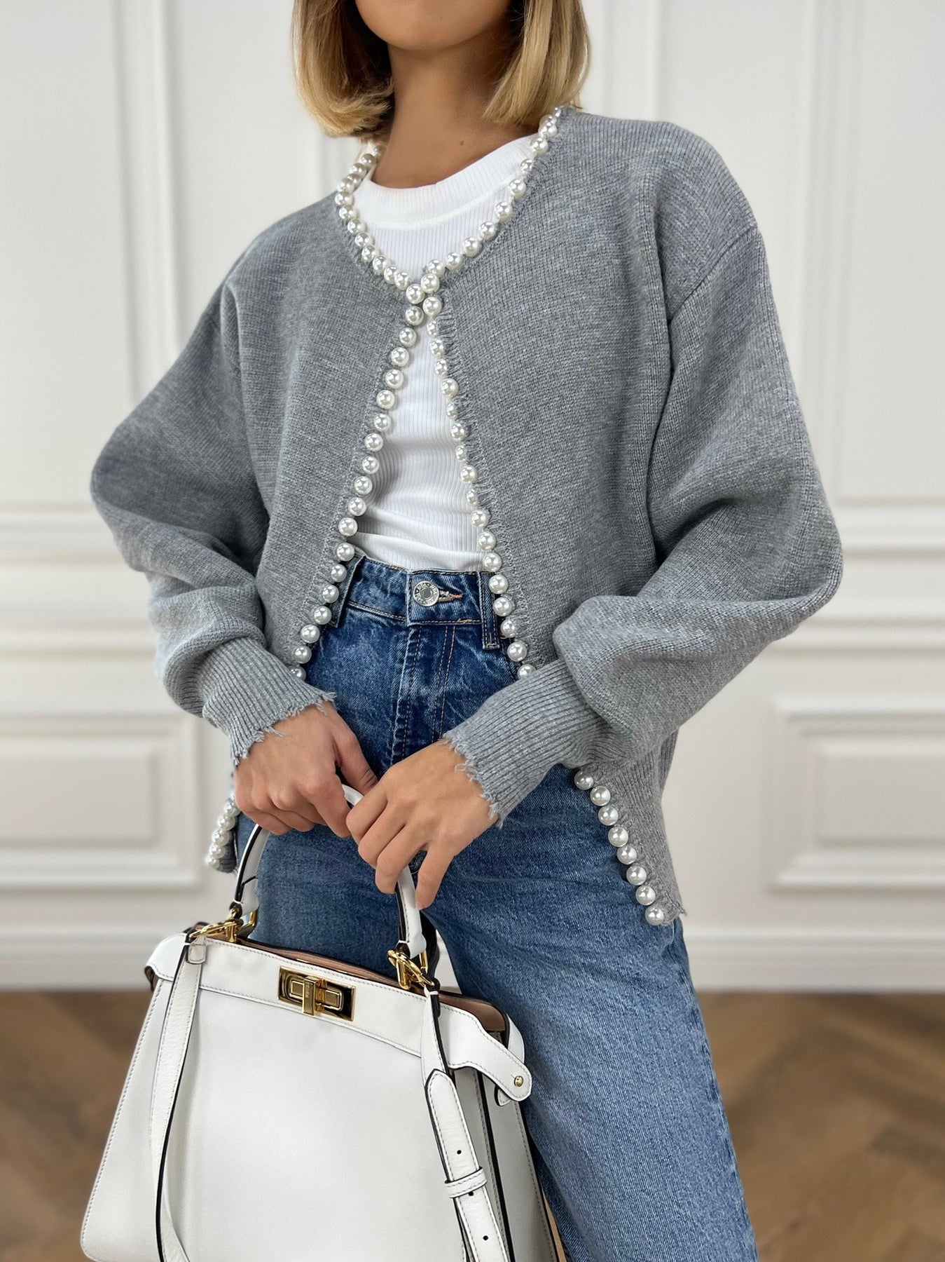 Pearl Trim | Torn Hem Cardigan Sweater Ladies