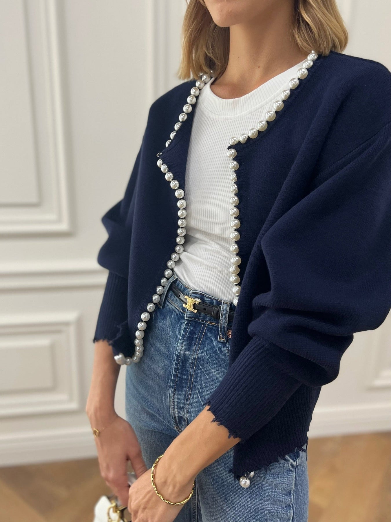 Pearl Trim | Torn Hem Cardigan Sweater Ladies