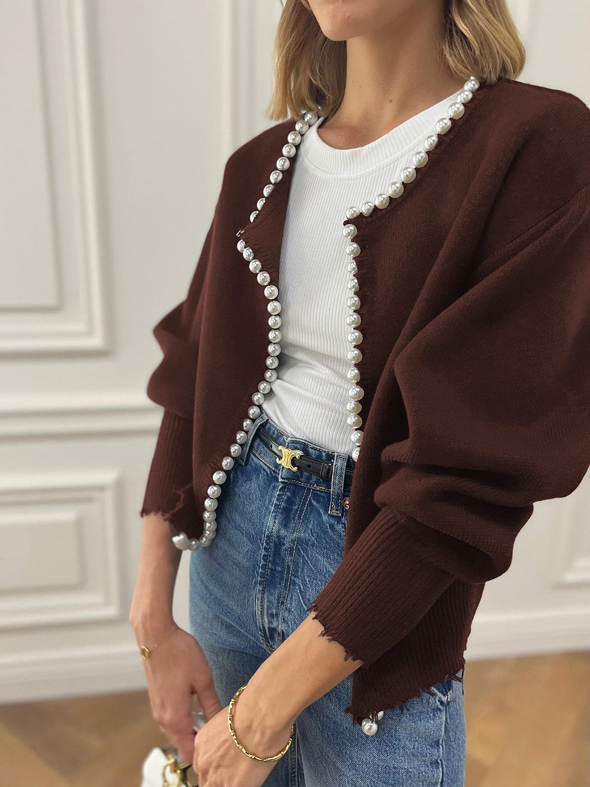 Pearl Trim | Torn Hem Cardigan Sweater Ladies