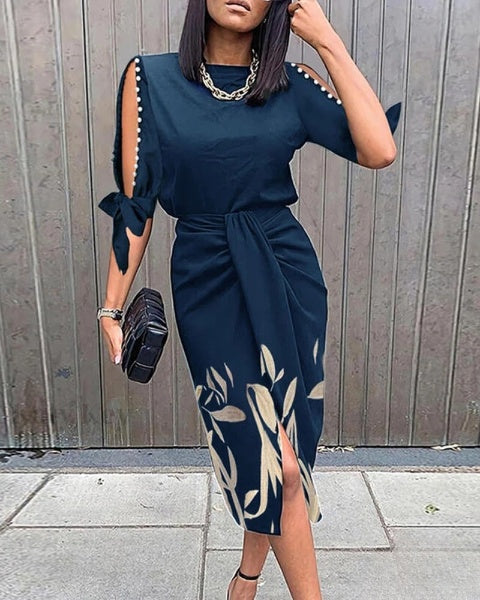 Belinda- Robe boutonnée avec perles et imprimé botanique