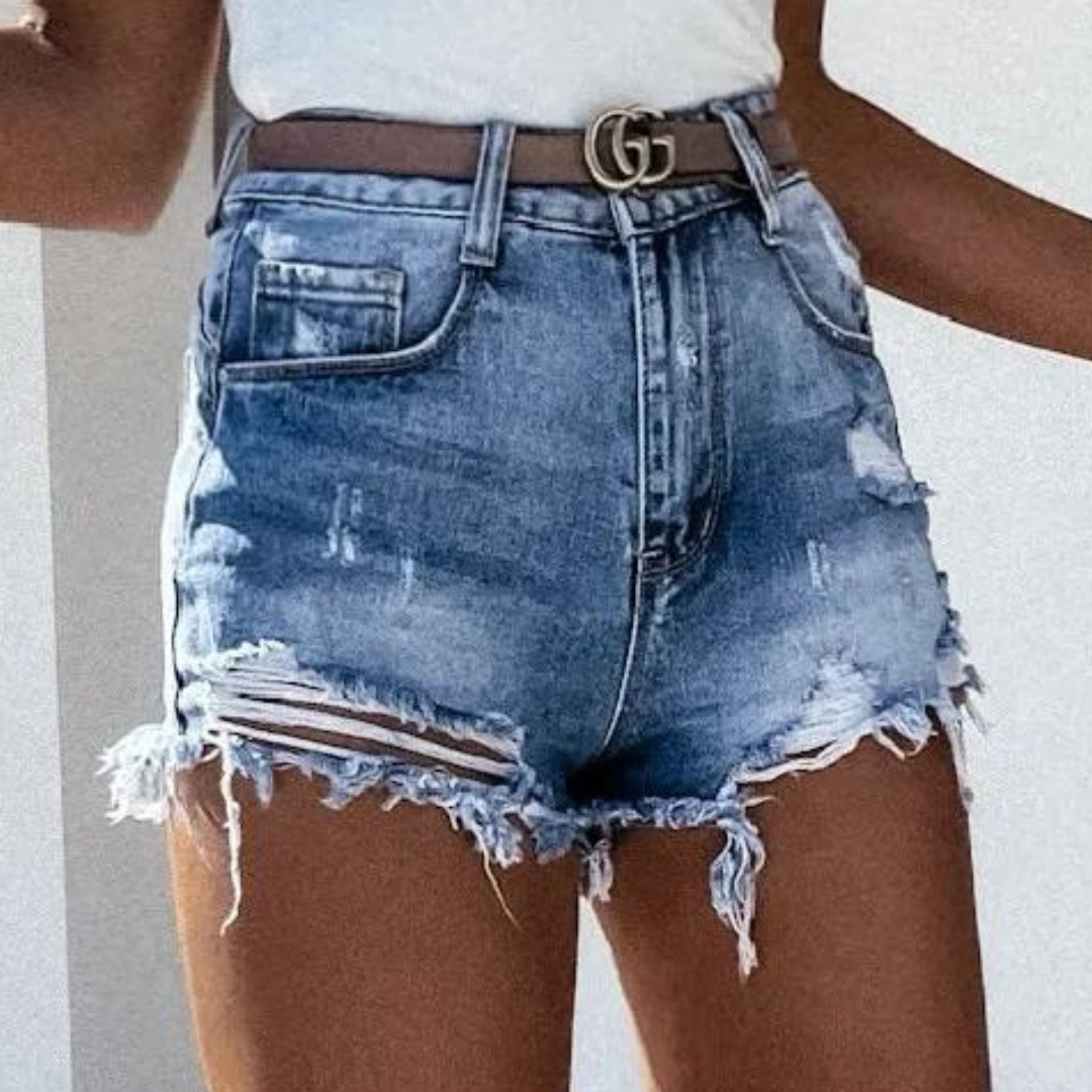 Denis - Short taille haute en denim usé avec franges