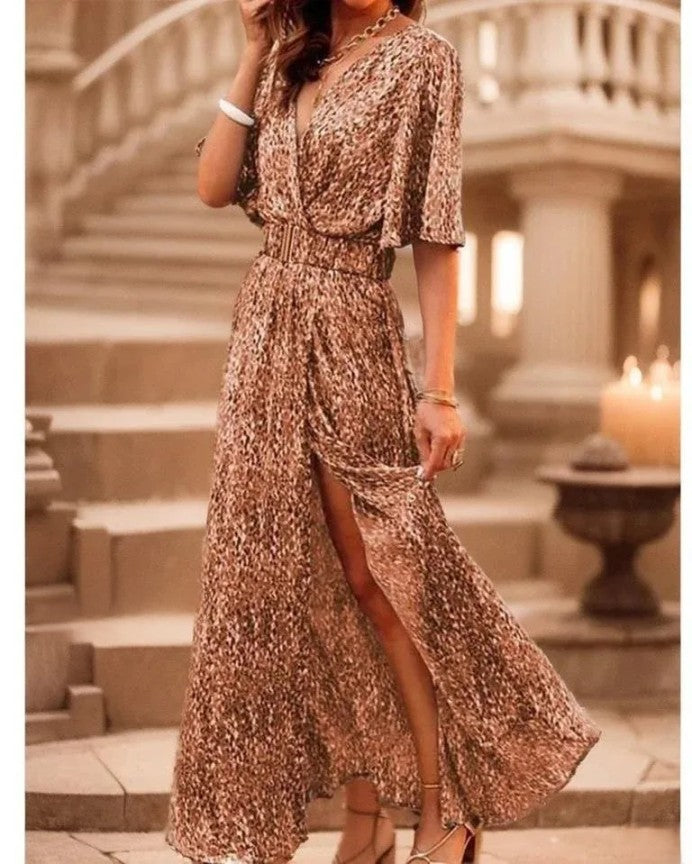 Carrie - Robe longue élégante avec décolleté en V, manches courtes et bel imprimé floral