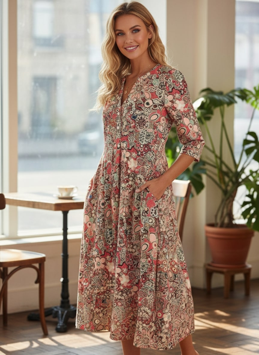 Sofia | Robe Femme d’Été Col V Manches Courtes Décontractée Chic