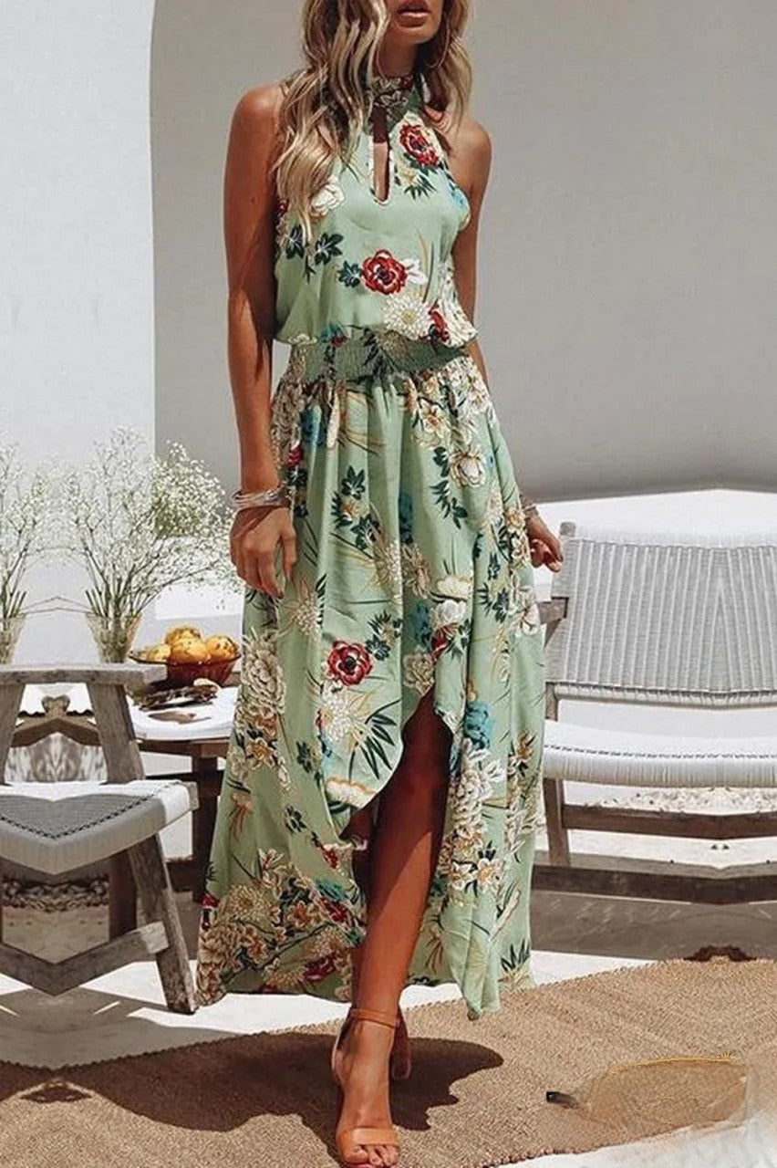 Evalina - Robe à la mode à imprimé floral vert et encolure ronde