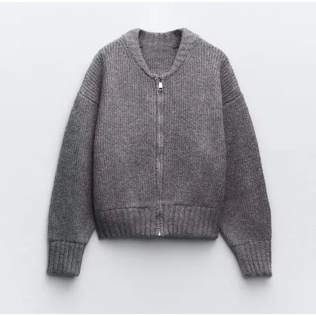 Nina - Manteau Pull en Maille Gris Élégant à Col Rond pour Femmes