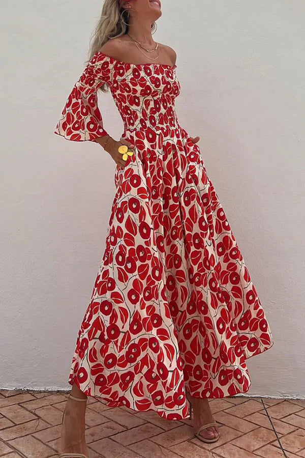 Halle - Robe longue smockée à imprimé floral et poches décolletées