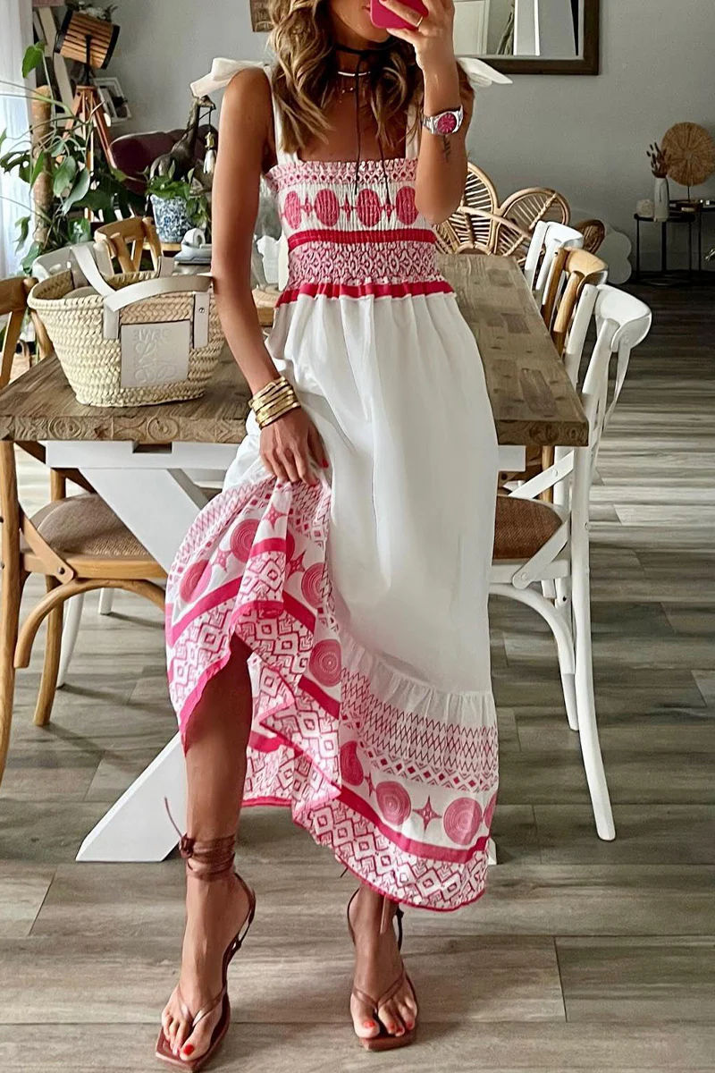 Kimia - Robe décontractée avec imprimé, volants, encolure carrée et bretelles