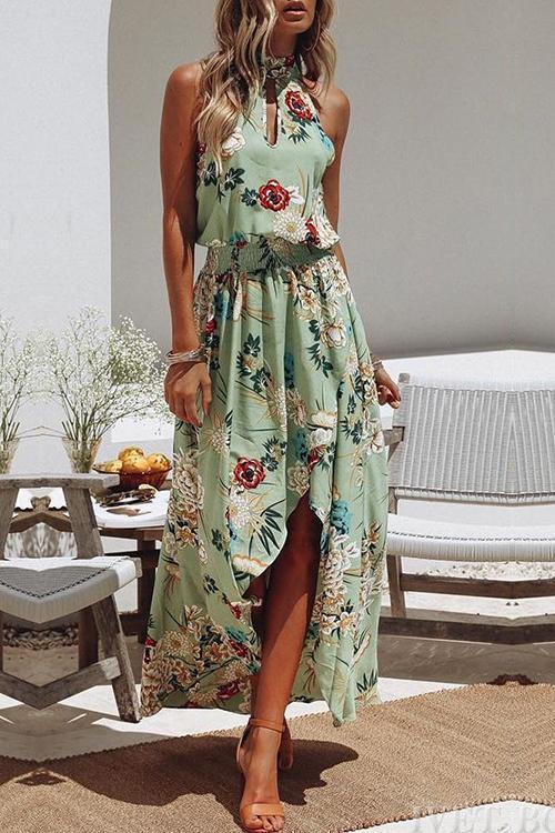 Llana - Robe verte à col rond et imprimé floral