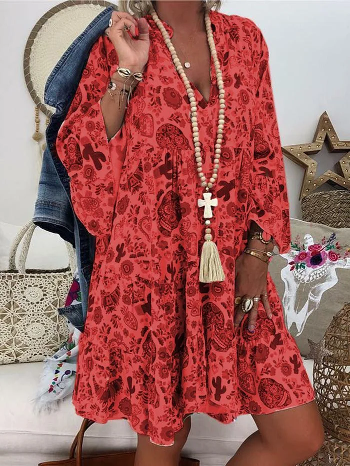 Lorica - Robe midi imprimée à manches 3/4 et col en V de Fashionmigo