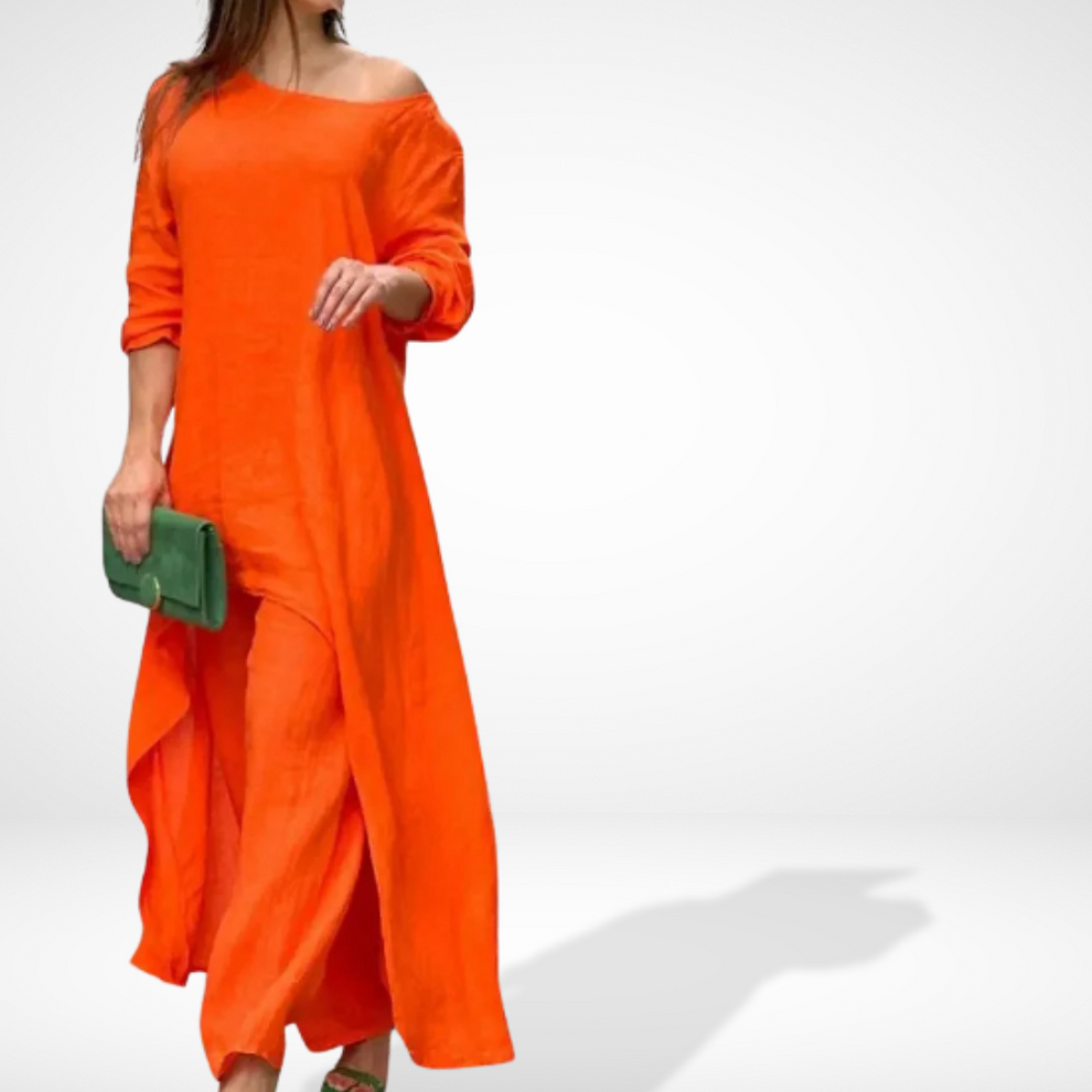 Ensemble pour femme avec chemisier asymétrique et pantalon large