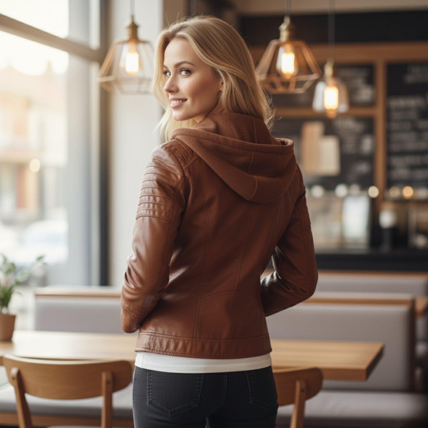 Lyra | Veste Femme en Cuir avec Capuche Chic et Confortable