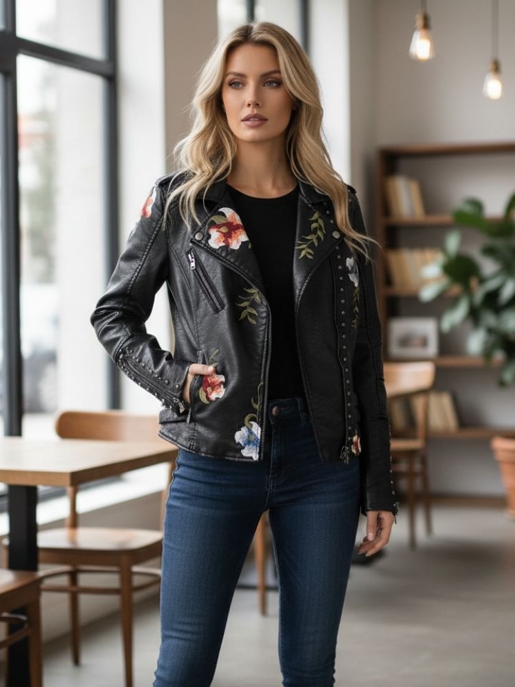 Maribel | Veste Femme en Cuir avec Fleurs Brodées Chic et Élégante