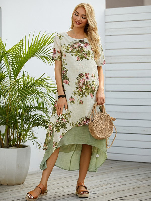 Merith - Col rond avec imprimé floral Robe longue décontractée à taille haute et manches courtes