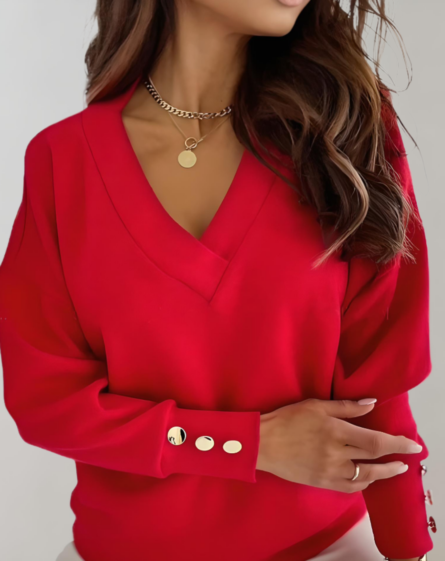 Jade - Pull à Col V Simple avec Boutons aux Manches pour Femmes