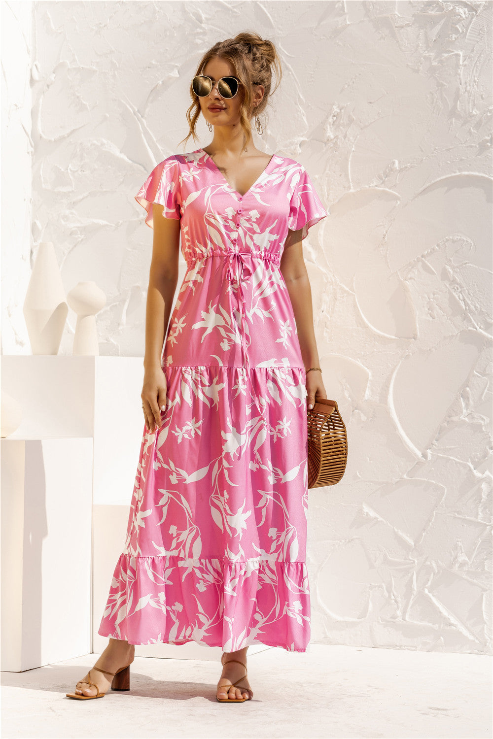 Ramona - Robe à manches courtes et col en V avec boutons imprimés floraux et dentelle Printemps-Eté