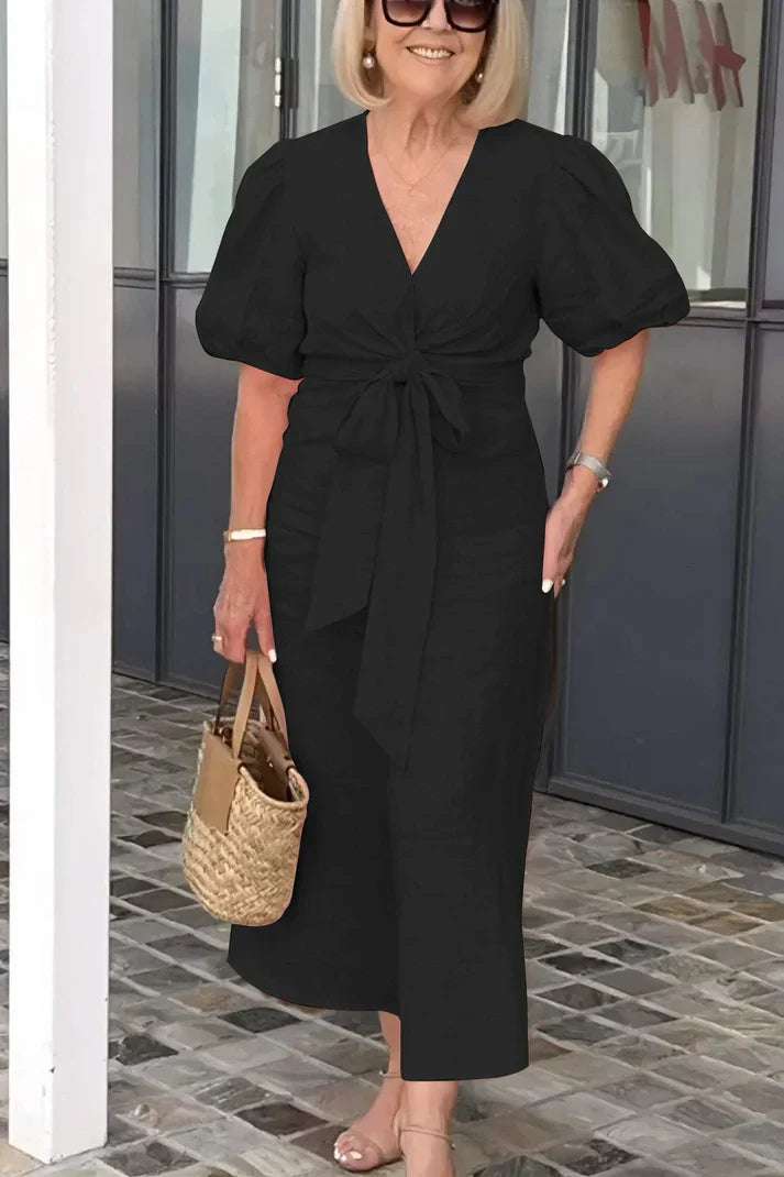 Rowen - Robe en coton avec col en V et manches bouffantes