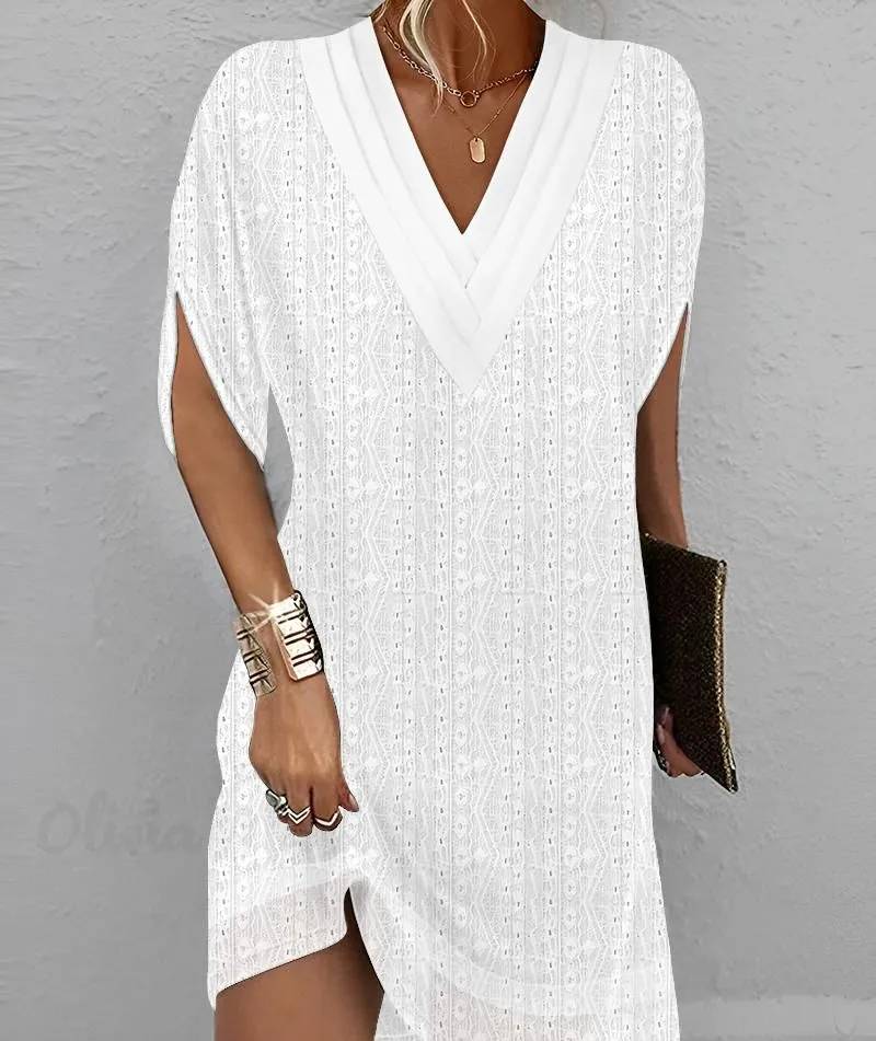 Soleya - Robe femme à col en V avec œillets brodés, manches mi-longues