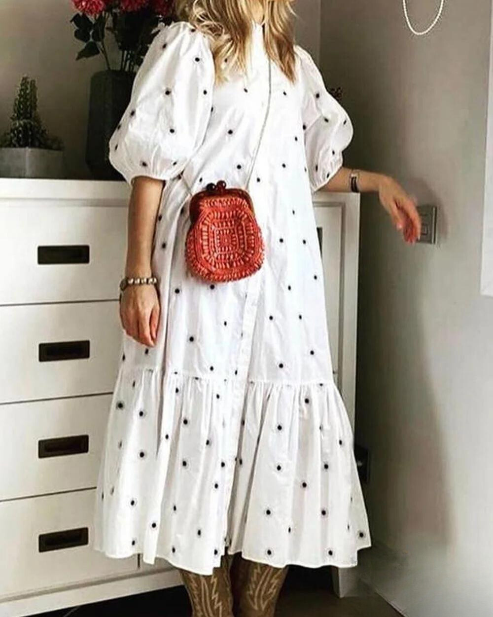 Prairie - Robe longue souple avec manches complètes et manches lanternes