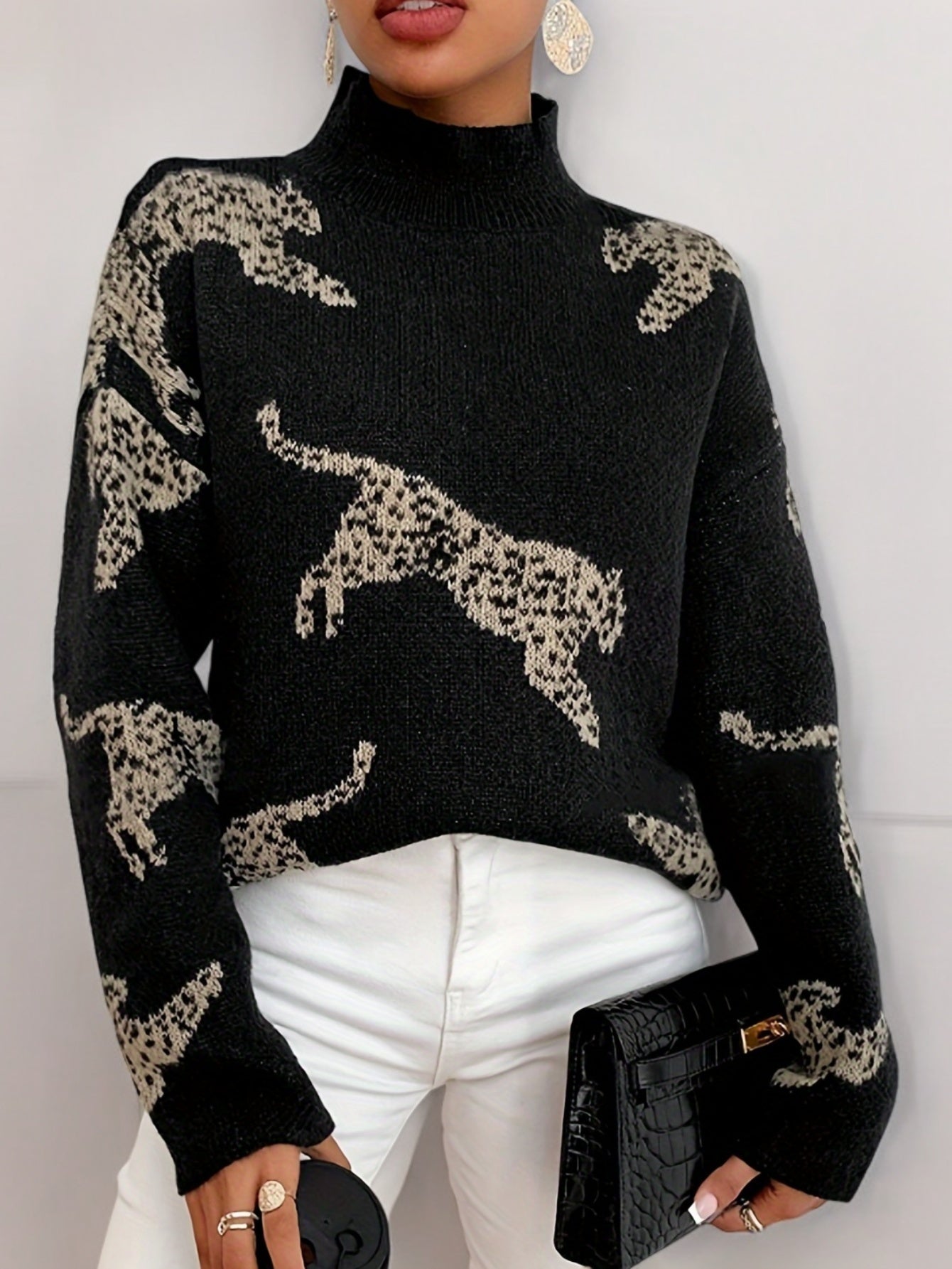 Col roulé à motif léopard Ladies | élégant - manches longues - automne et hiver