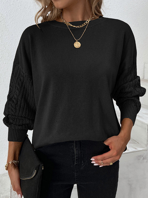 Pull à Col Rond en Tricot Torsadé à Manches Longues en Couleur Unie pour Femme