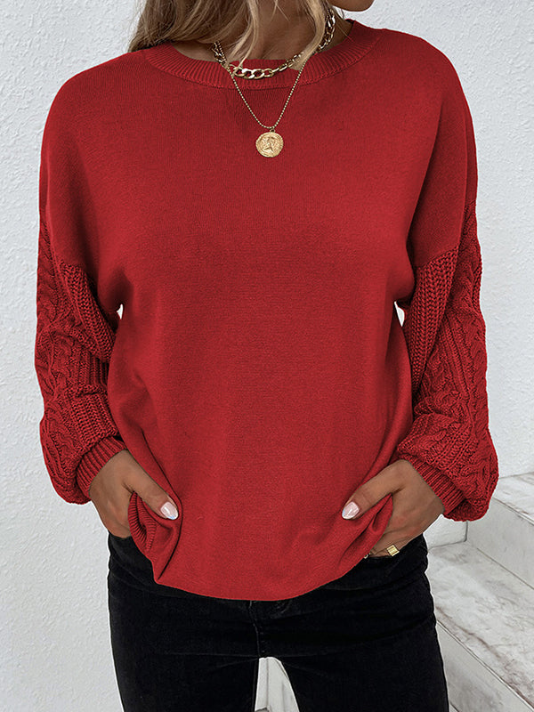 Pull à Col Rond en Tricot Torsadé à Manches Longues en Couleur Unie pour Femme