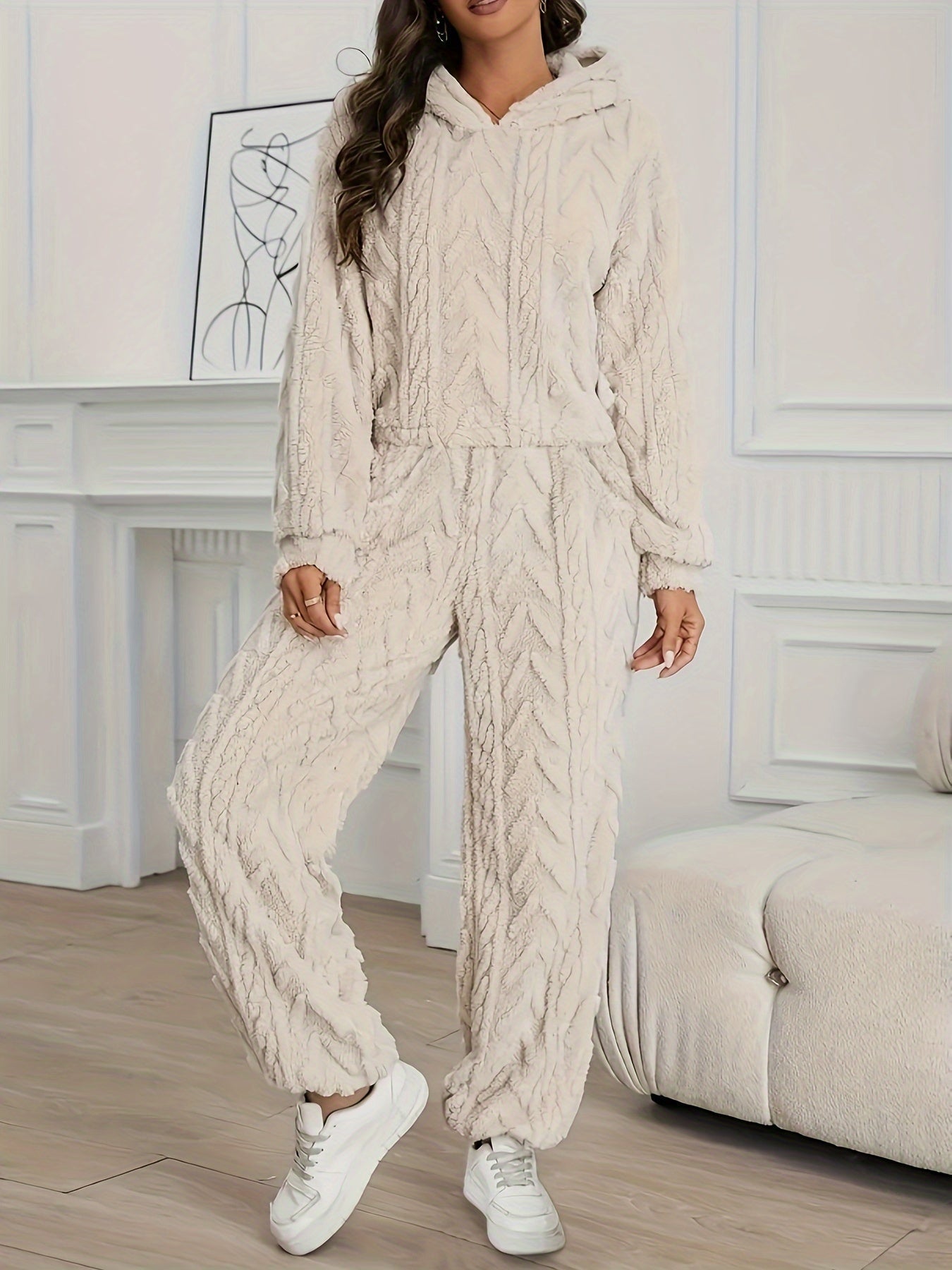 Amelia - Beige Ensemble à Capuche Élégant à Manches Longues en Fleece pour Femmes