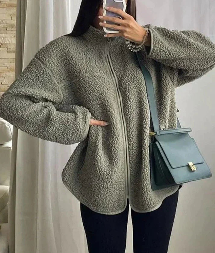 Maya - Veste Zippée en Teddy Vert Chaud pour Femmes