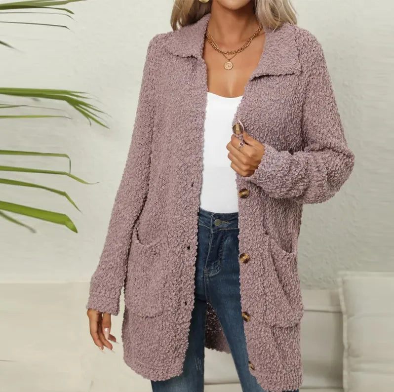 Kourtney - Long Gilet Tricoté en Tissu Doux de Peluche avec Poches pour Femmes