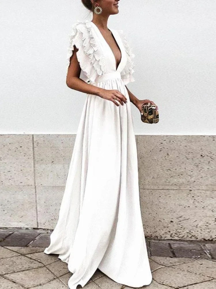 Helena - Élégante robe à col en V et manches froufroutantes