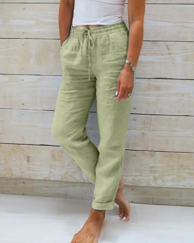 Pantalon en lin pour dames - style décontracté - tissu respirant - idéal pour la maison et les sorties informelles