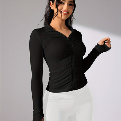 Nina | Veste de sport décontractée de couleur unie avec manches longues et fermeture éclair complète