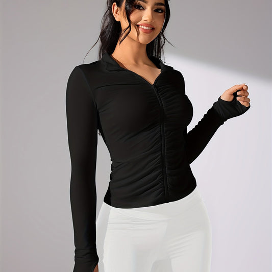 Nina | Veste de sport décontractée de couleur unie avec manches longues et fermeture éclair complète