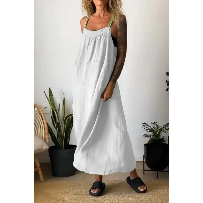 Robe longue en chambray avec poches et bretelles contrastées couleur beau blue