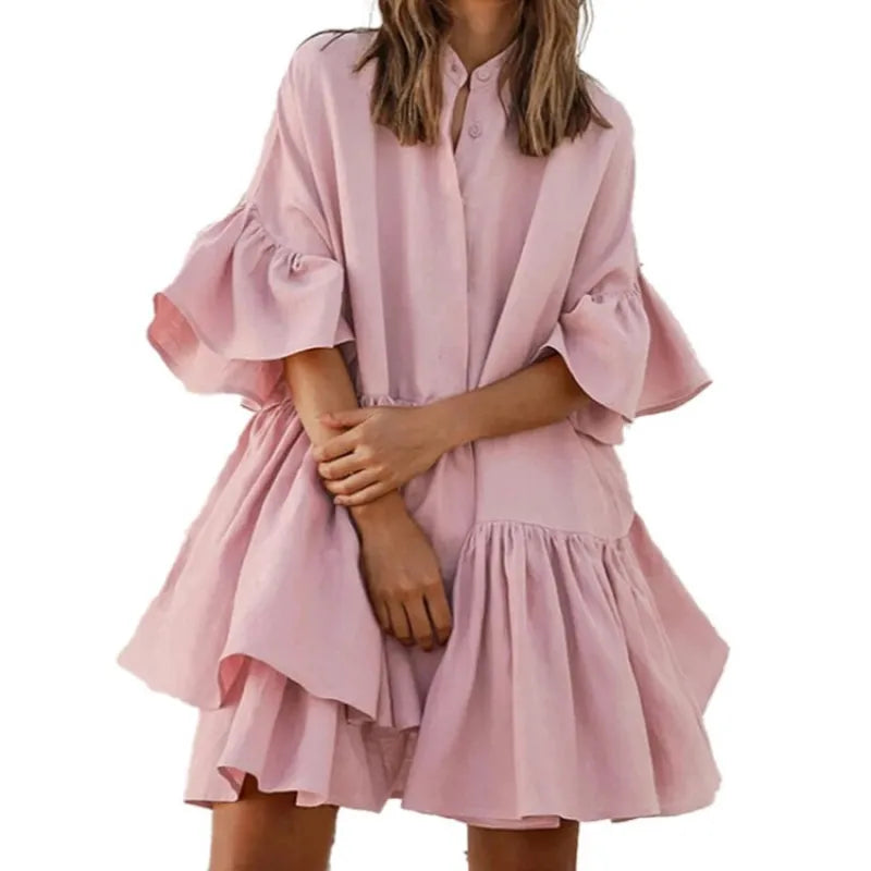 Robe décontractée monochrome avec encolure en V et jupe pastel