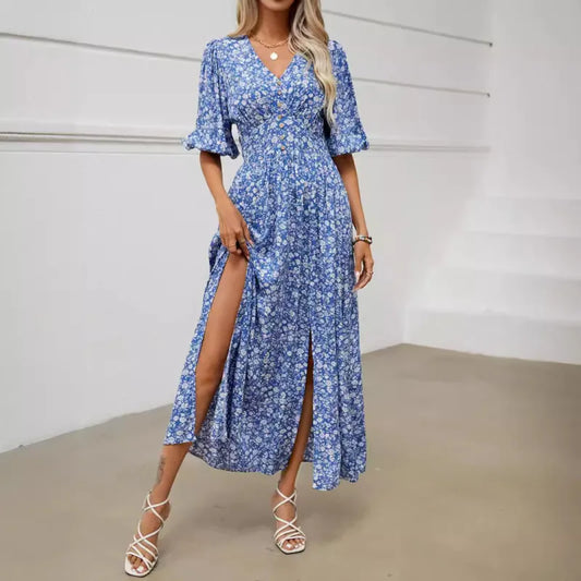 Robe bleue à manches courtes et imprimé en V pour femmes, vacances d'été