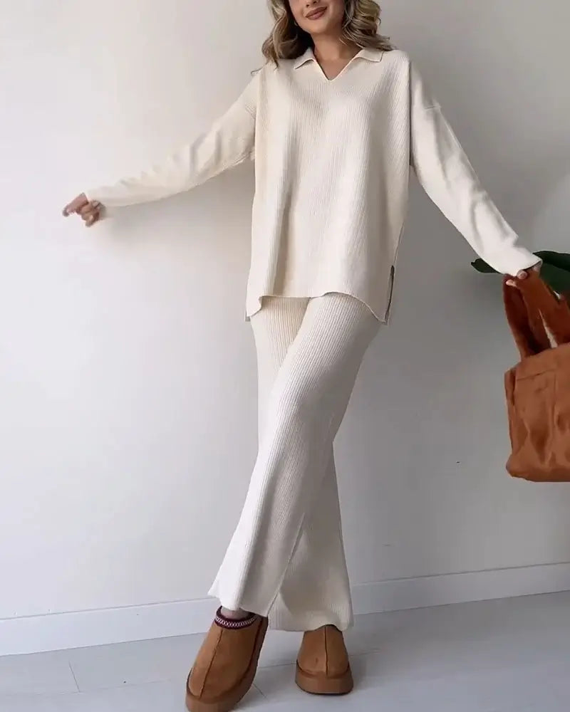 Lea - Ensemble Deux Pièces Tricoté avec Col V pour Femmes