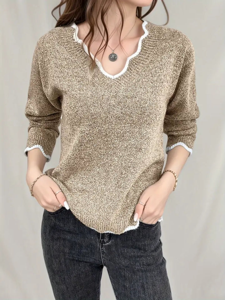 Adi - pull en tricot décontracté avec manches longues, garniture en coquillage et encolure en V