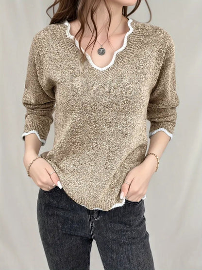 Adi - pull en tricot décontracté avec manches longues, garniture en coquillage et encolure en V