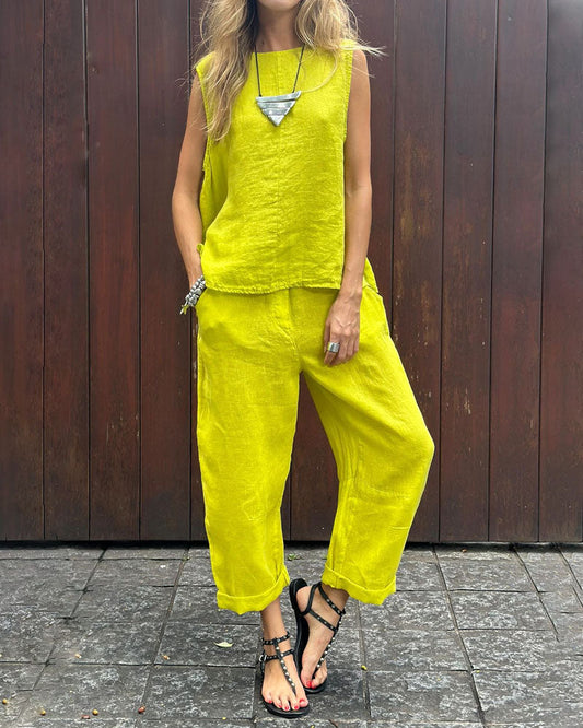 Ensemble deux pièces sans manches gilet et pantalon en coton-lin uni